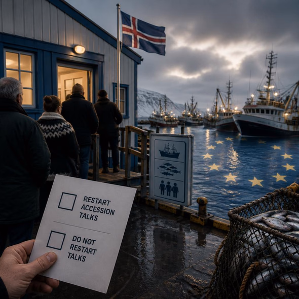 Editorial illustration for “Iceland’s EU Referendum Turns on Fishing Rights,” based on the article’s subject.