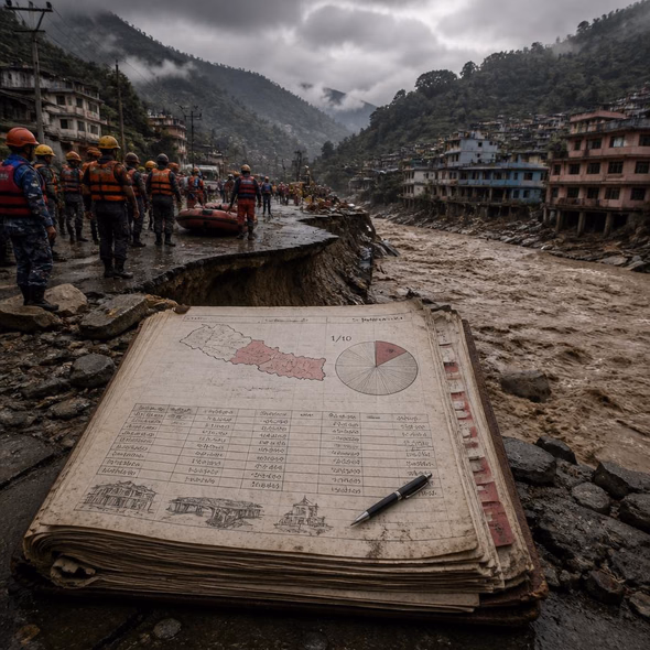 Editorial illustration for “Nepal’s Flood Bill Could Consume a Tenth of Its Economy,” based on the article’s subject.