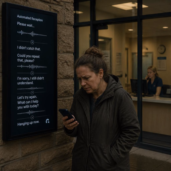 Editorial illustration for “Patients Hang Up on the AI Receptionist,” based on the article’s subject.