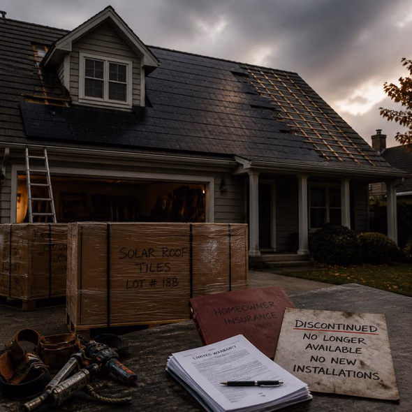 Editorial illustration for “Tesla Stops Selling the Solar Roof Dream,” based on the article’s subject.