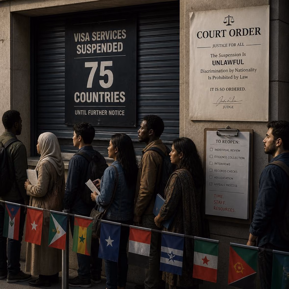 Editorial illustration for “The 75-Country Visa Ban Fails in Court,” based on the article’s subject.