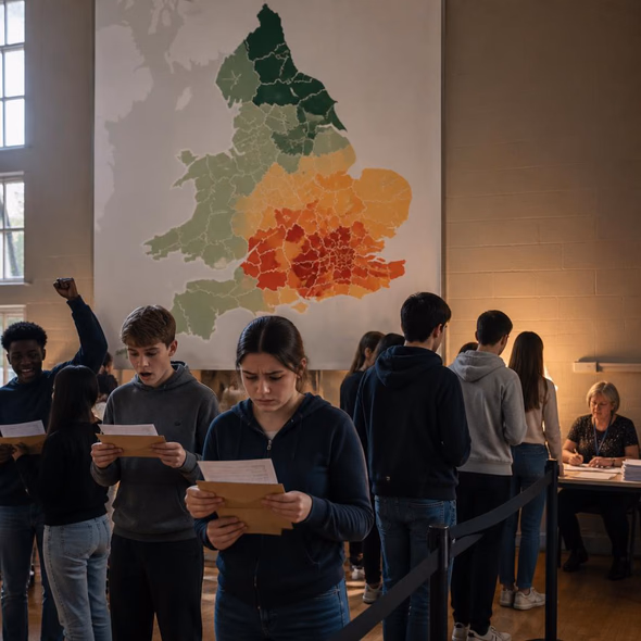 Editorial illustration for “The GCSE Average Hides a Widening Map,” based on the article’s subject.