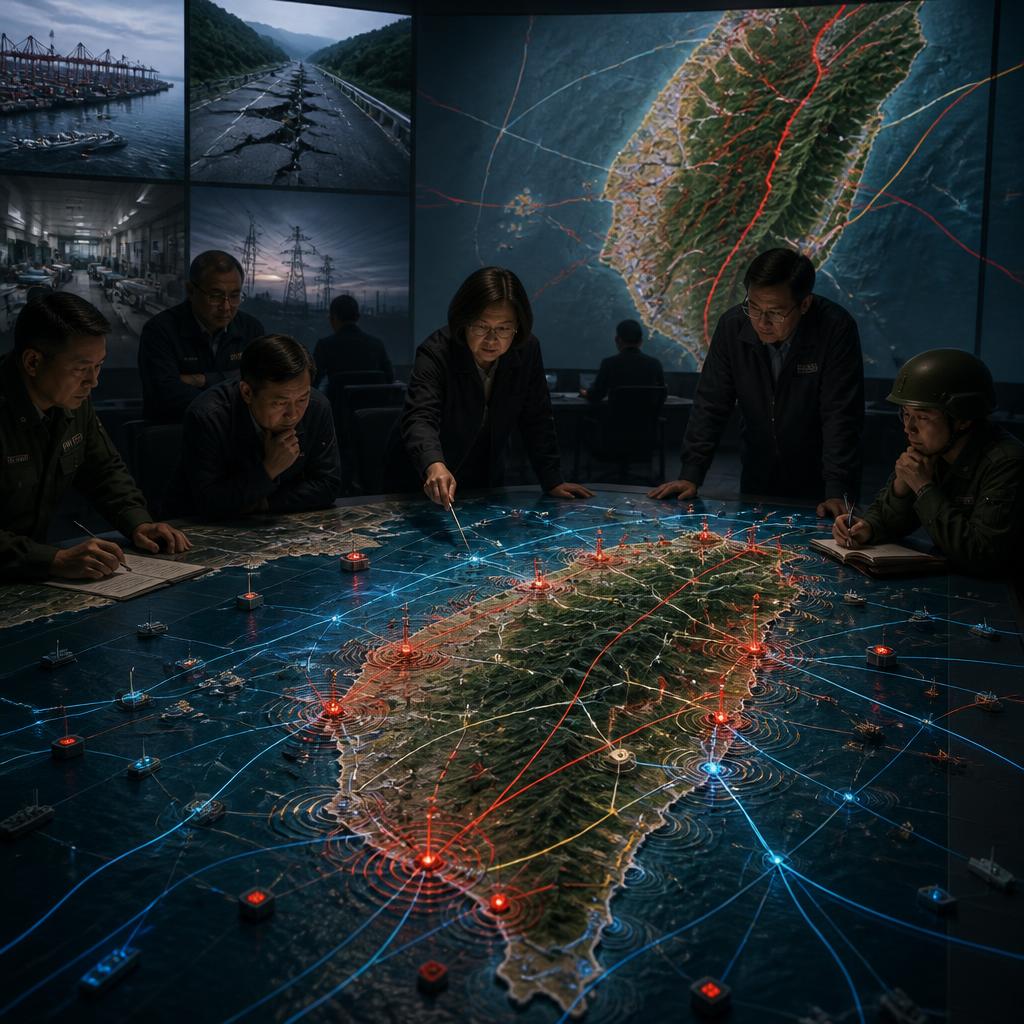 Officials review layered Taiwan crisis maps in an emergency planning room.