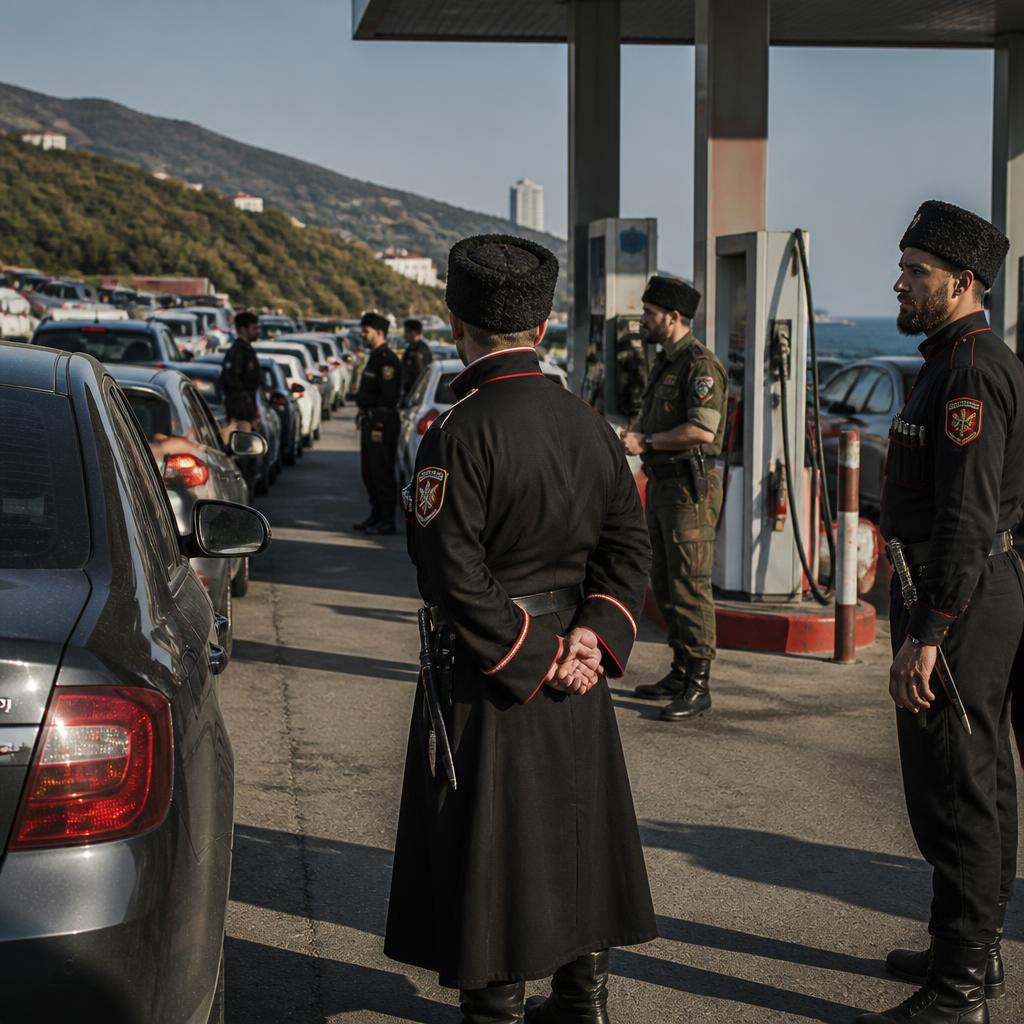 Uniformed volunteers monitor a crowded petrol station queue.