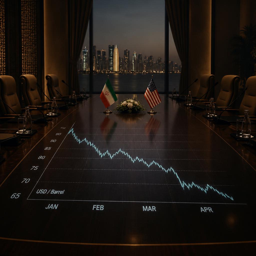An oil market chart displayed over an empty diplomatic conference table.