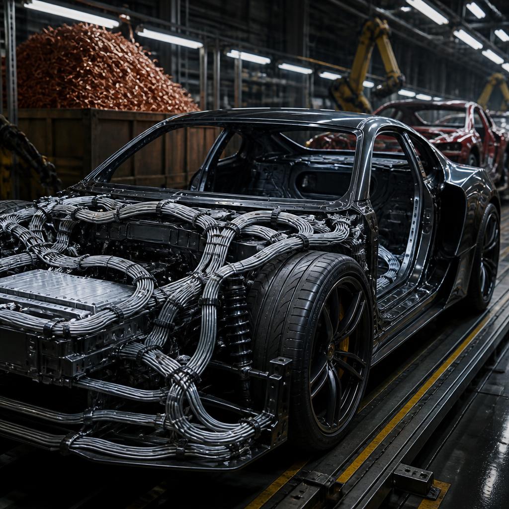 An electric luxury car cutaway showing aluminum wiring inside its frame.