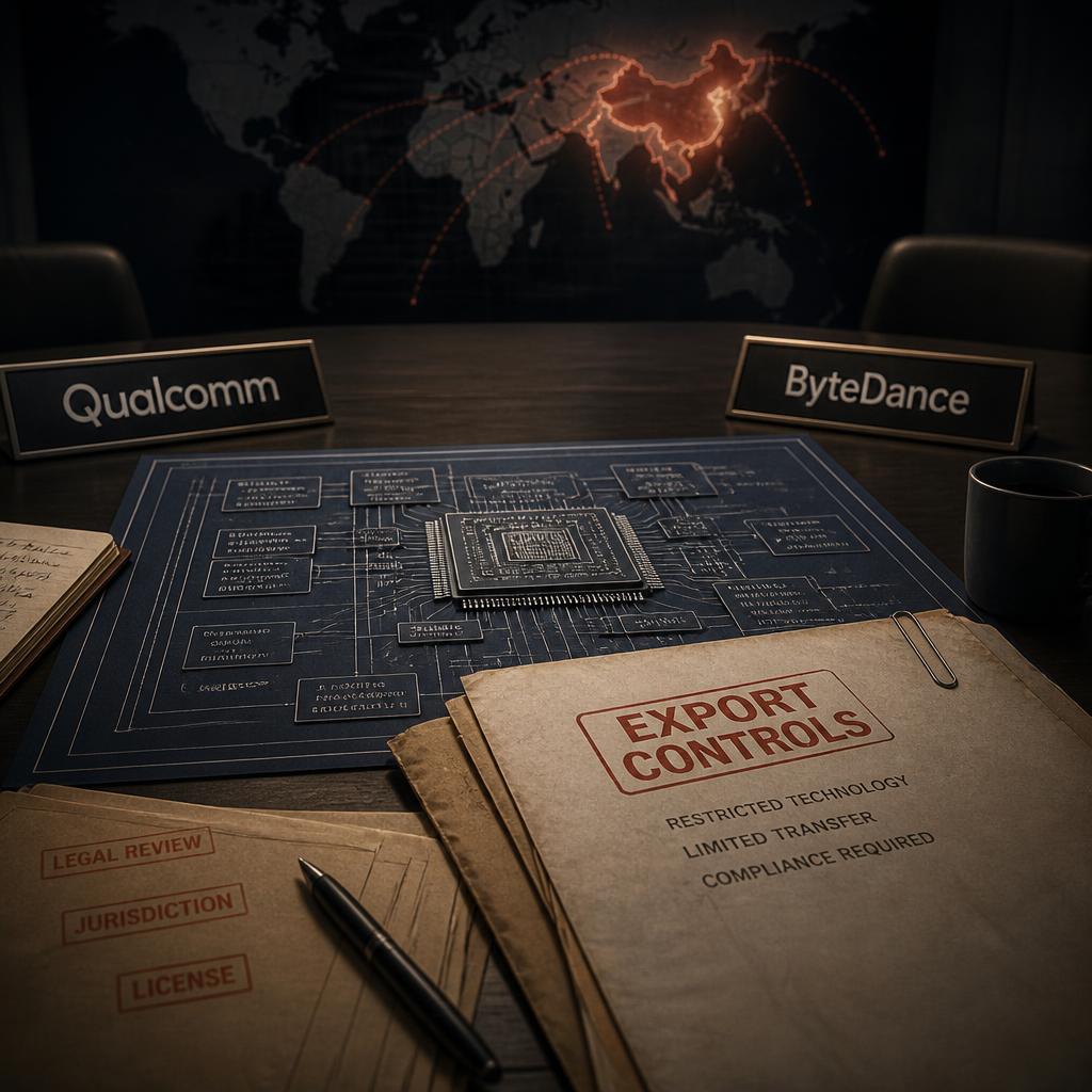 Chip design plans beside Qualcomm and ByteDance nameplates under export-control documents