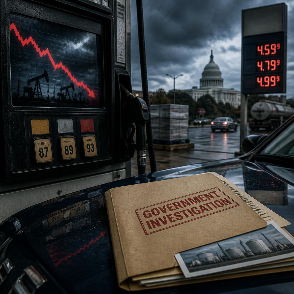 Gas pump display reflected with an oil price chart and investigation documents