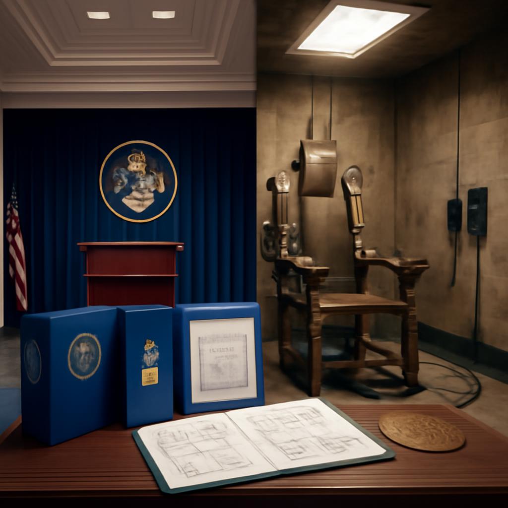 An institutional interior where official briefing aesthetics blend uneasily with the architecture of capital punishment