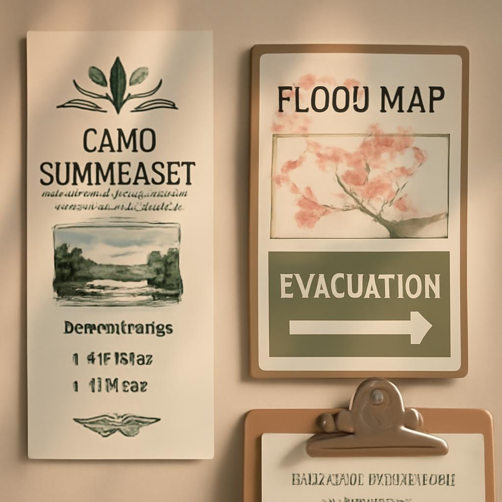 A serene camp setting overlaid with official emergency planning graphics and reopening paperwork