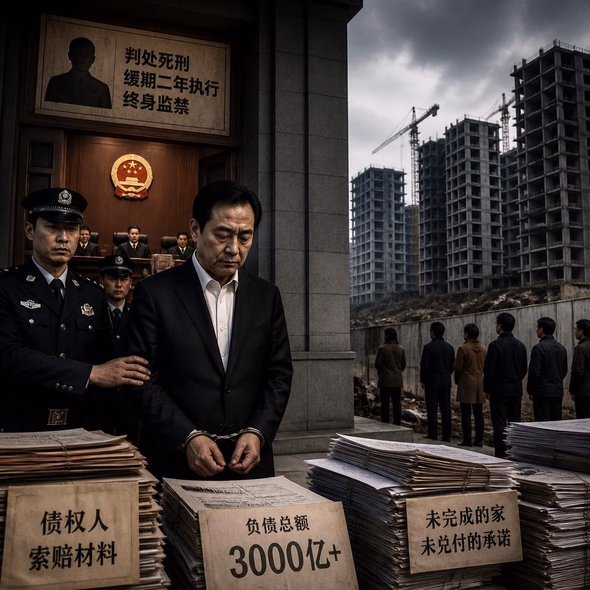 Editorial illustration for “Evergrande’s $300 Billion Collapse Ends in a Life Sentence,” based on the article’s subject.