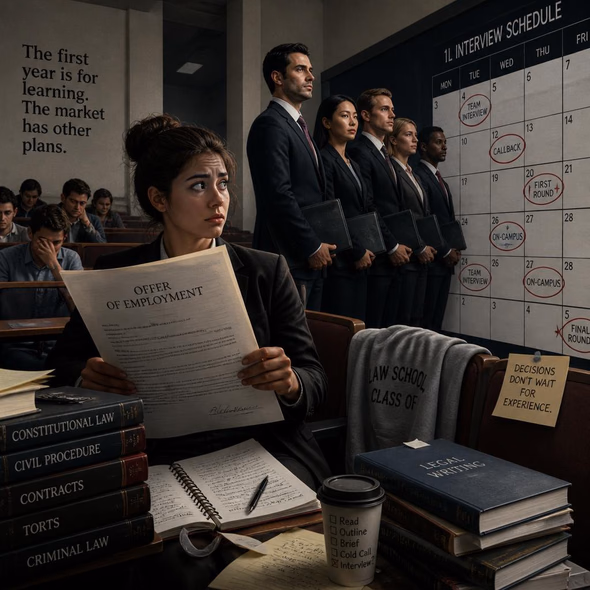 Editorial illustration for “First-Year Law Students Enter the Draft,” based on the article’s subject.
