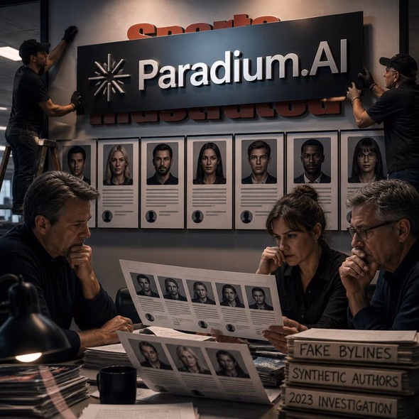 Editorial illustration for “Arena Group Hangs an AI Sign Over the Byline,” based on the article’s subject.