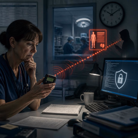 Editorial illustration for “Britain Sent Transplant Data Over an Open Pager Network,” based on the article’s subject.