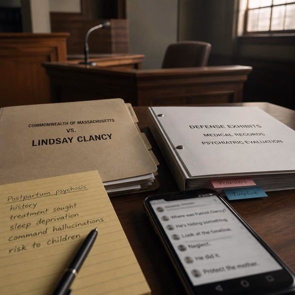 Editorial illustration for “The Lindsay Clancy Trial Cannot Diagnose Motherhood Online,” based on the article’s subject.