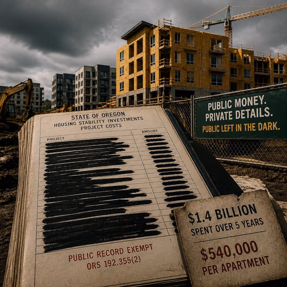 Editorial illustration for “Oregon Spends Record Housing Funds Behind a Secrecy Law,” based on the article’s subject.