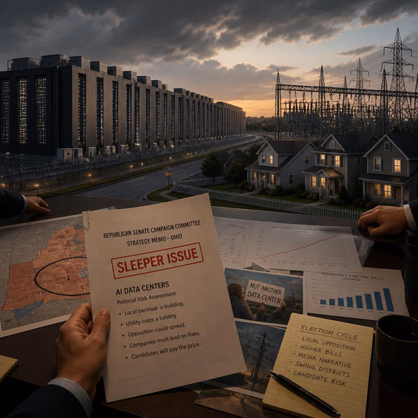 Editorial illustration for “A Republican Memo Calls AI Data Centers a “Sleeper Issue”,” based on the article’s subject.