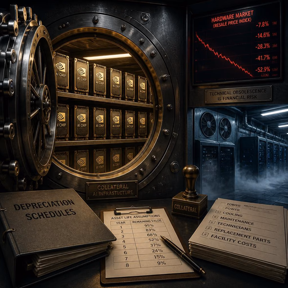 Editorial illustration for “Bankers Give AI Chips a Shelf Life,” based on the article’s subject.
