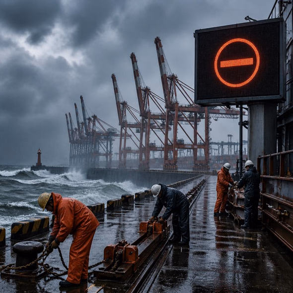 Editorial illustration for “After Typhoon Dolphin, Who Reopens the Ports?,” based on the article’s subject.