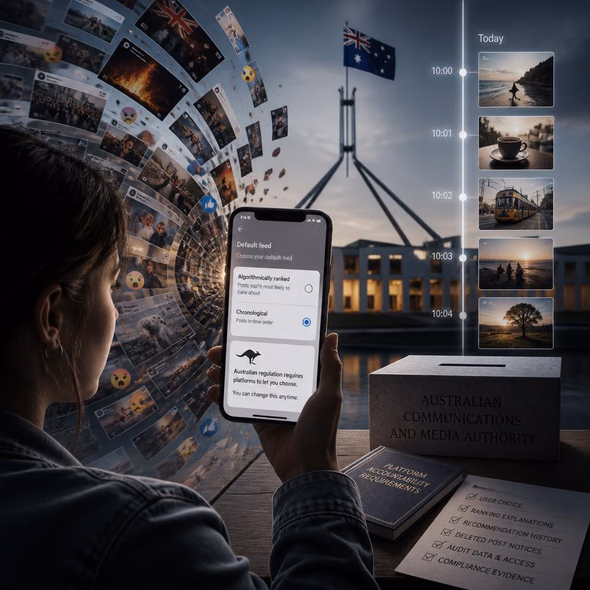 Editorial illustration for “Australia Offers an Exit From the Ranked Feed,” based on the article’s subject.