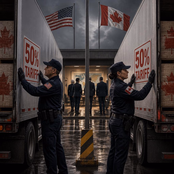 Editorial illustration for “Canada Matches the Tariff Before the Bill Is Paid,” based on the article’s subject.