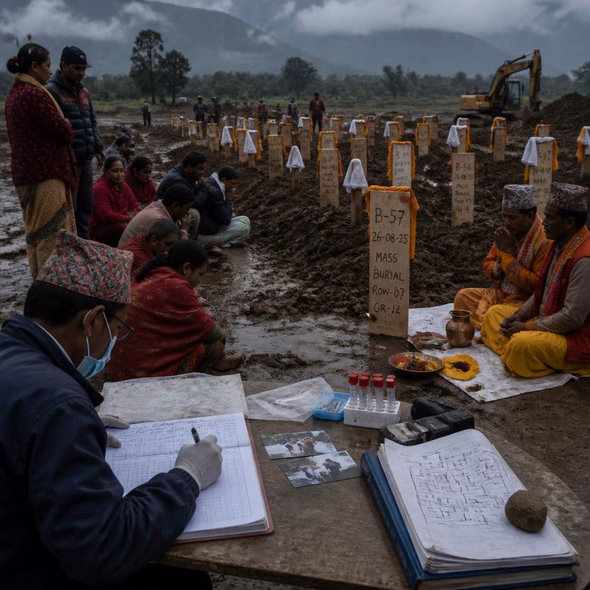 Editorial illustration for “Nepal’s Mass Graves Change the Farewell,” based on the article’s subject.