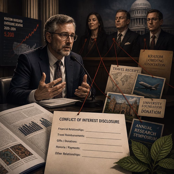 Editorial illustration for “The Kratom Footnotes Omit the Lobbyists,” based on the article’s subject.