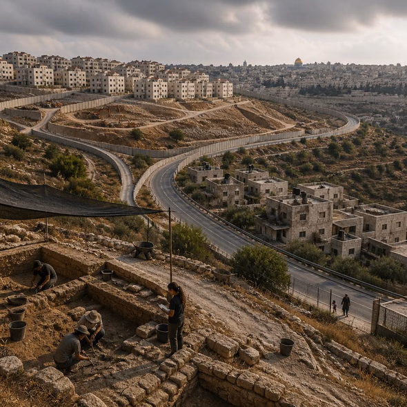 Editorial illustration for “Israel Puts Archaeology to Work in the West Bank,” based on the article’s subject.