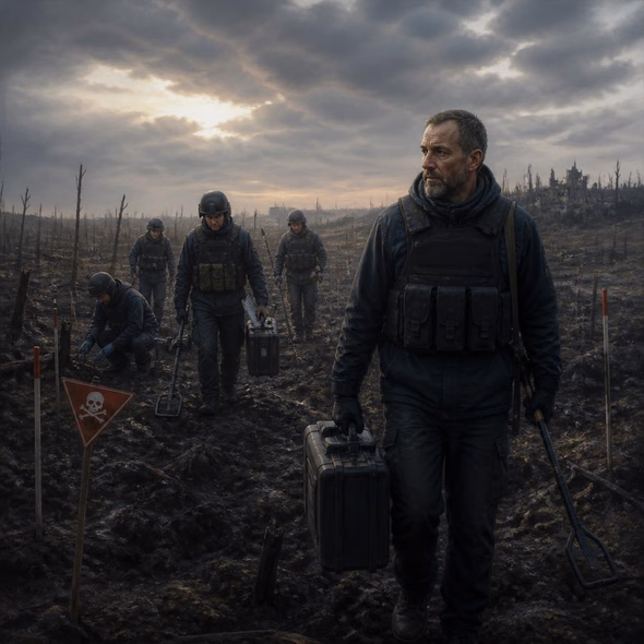 Editorial illustration for “Oleksiy Yukov Brought the War Dead Home,” based on the article’s subject.
