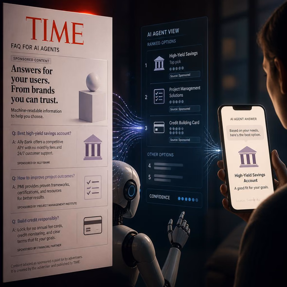Editorial illustration for “Time Magazine Buys the Robot’s Attention,” based on the article’s subject.