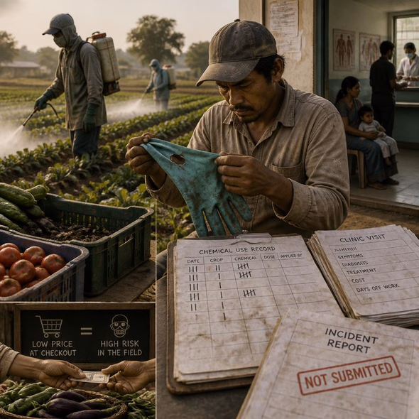 Editorial illustration for “Cheap Food Hides the Pesticide Bill,” based on the article’s subject.