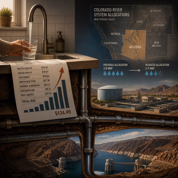 Editorial illustration for “Arizona Keeps the Taps On and Raises the Bill,” based on the article’s subject.