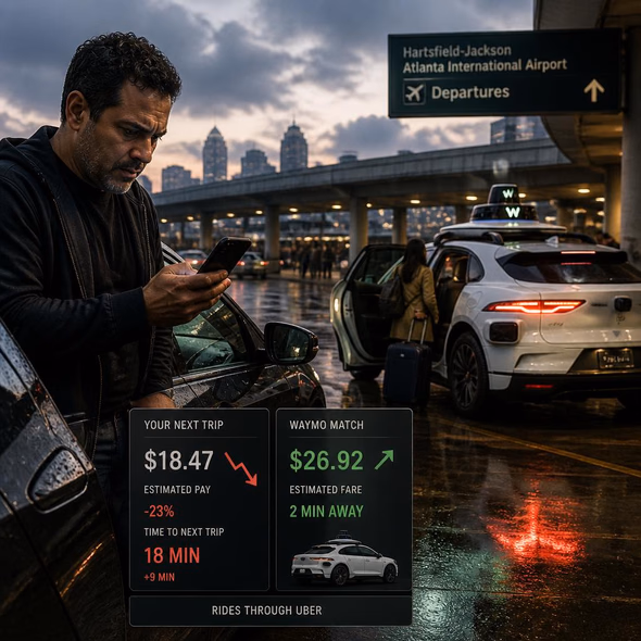 Editorial illustration for “Uber Drivers Say Waymo Is Cutting Their Pay,” based on the article’s subject.