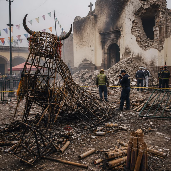 Editorial illustration for “Central Mexico Festival Blast Kills at Least Ten,” based on the article’s subject.