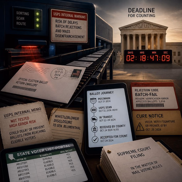 Editorial illustration for “Mail Ballots Return to the Supreme Court Clock,” based on the article’s subject.
