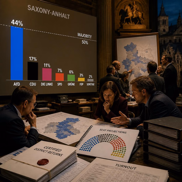 Editorial illustration for “Saxony-Anhalt Gives the AfD 44 Percent—and a Coalition Problem,” based on the article’s subject.