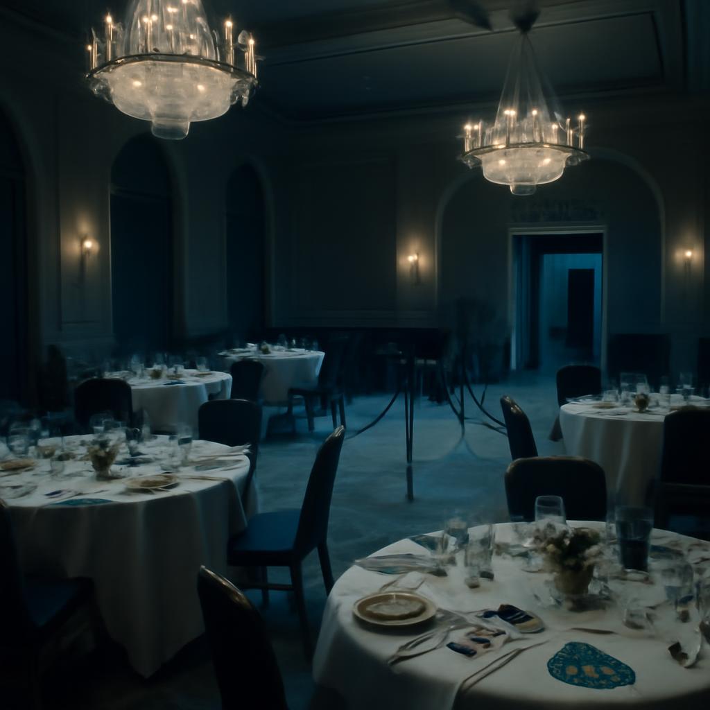 An upscale ballroom with press tables and security presence after a sudden evacuation.