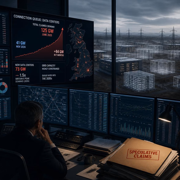 Editorial illustration for “Britain’s Grid Has a Queue Full of Phantom Data Centers,” based on the article’s subject.