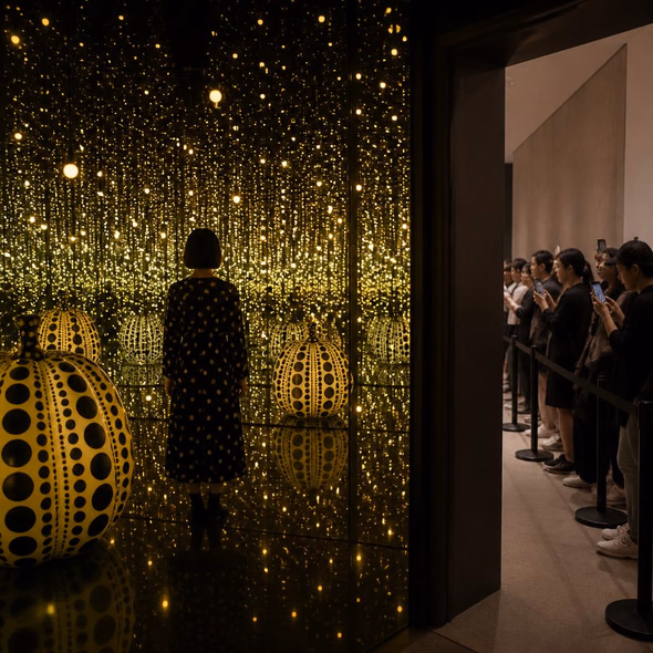 Editorial illustration for “Yayoi Kusama Controlled the Infinite,” based on the article’s subject.