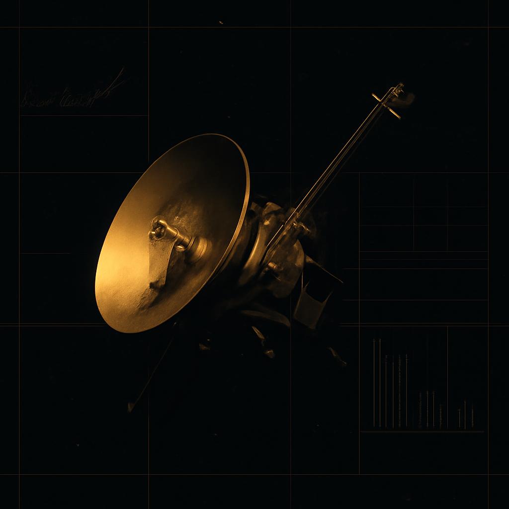 A distant space probe in deep space with one instrument dimming as faint power charts hover around it.