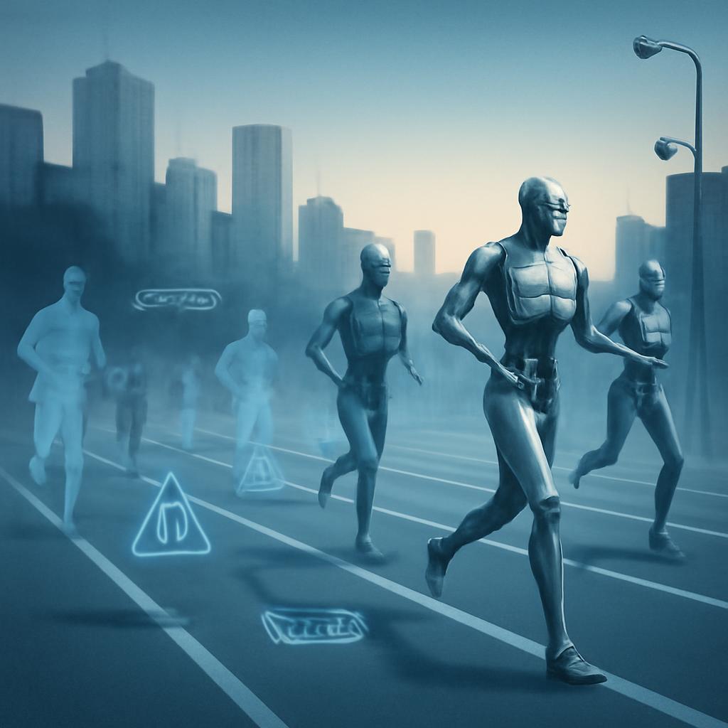Humanoid robots running on a city racecourse while human runners recede into timing graphics.