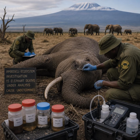 Editorial illustration for “Fifteen Elephants and an Unfinished Toxicology Report,” based on the article’s subject.
