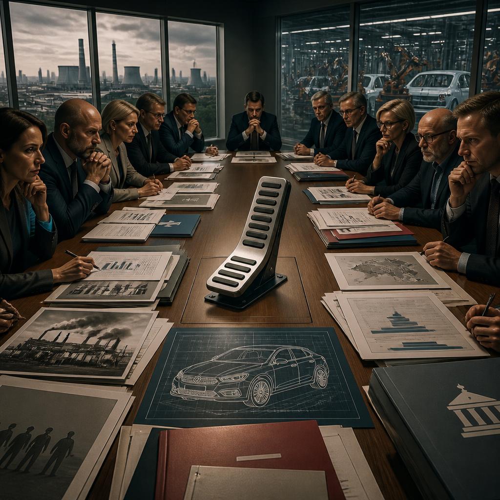 A Volkswagen governance meeting visualized as competing stakeholders around a brake pedal and electric vehicle plans.