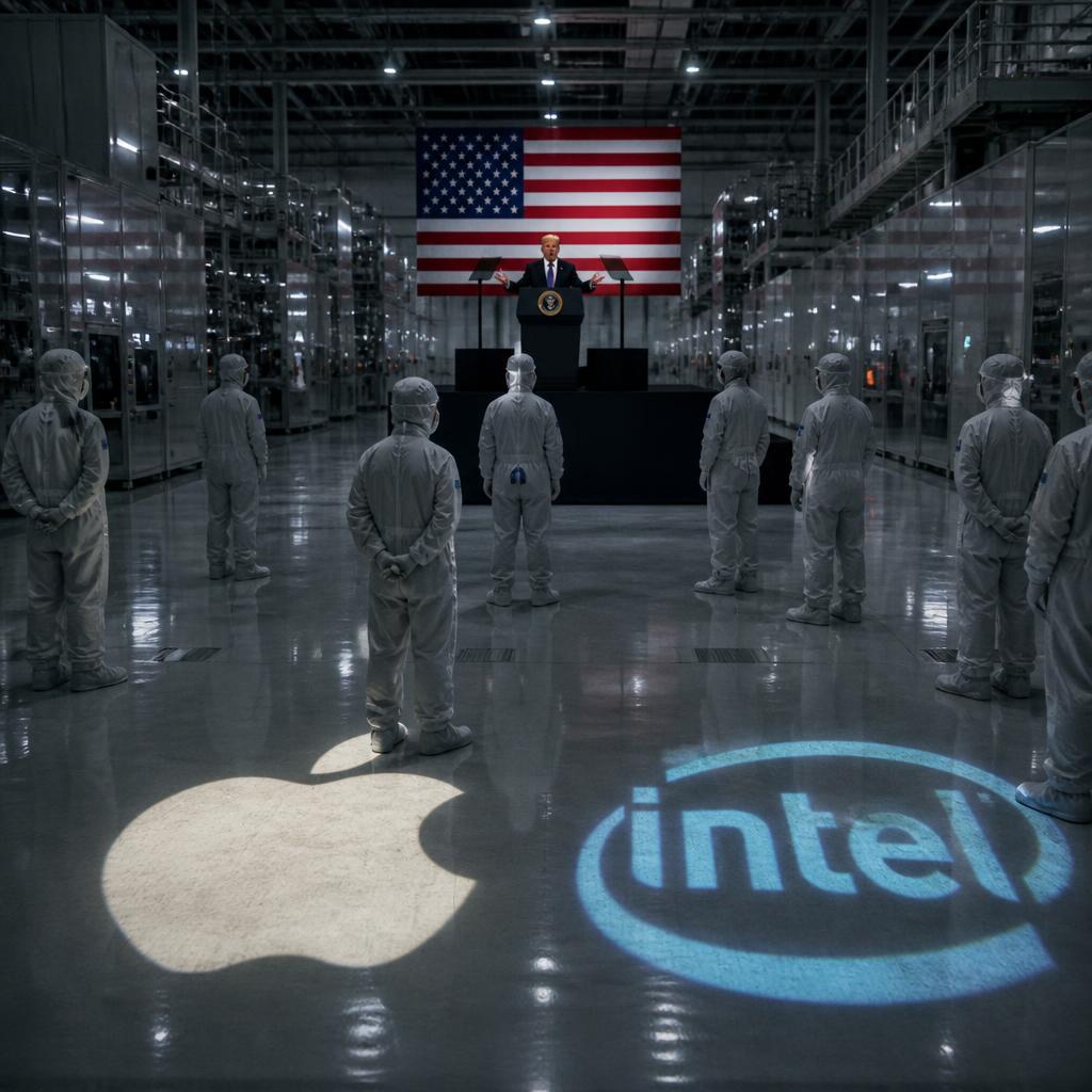 A chip factory floor framed by Apple and Intel logos and a political podium.