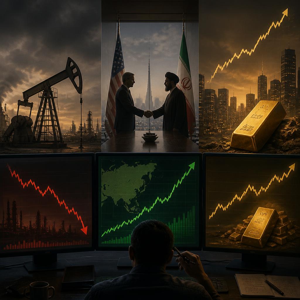 Market screens show oil down, stocks up, and gold rising after a U.S.-Iran deal.