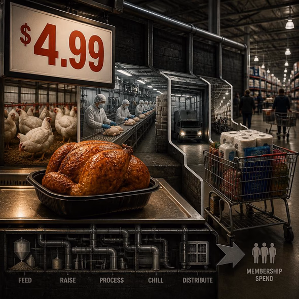 Editorial illustration for “The Real Price of Costco’s $4.99 Chicken,” based on the article’s subject.