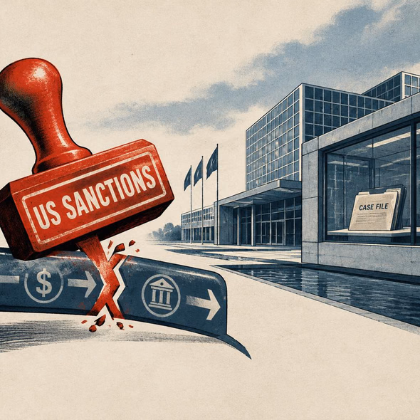Editorial illustration for “What Can Sanctioning the ICC Accomplish?,” based on the article’s subject.