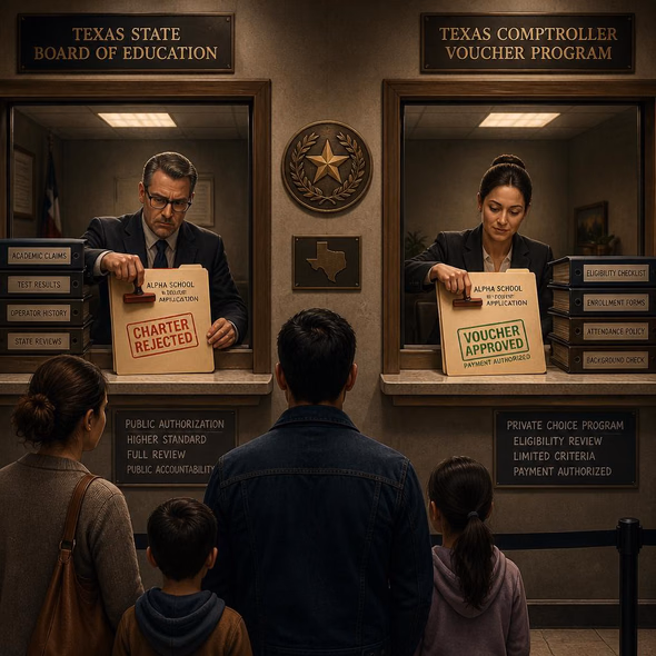 Editorial illustration for “Texas Rejected the School, Then Approved Its Vouchers,” based on the article’s subject.