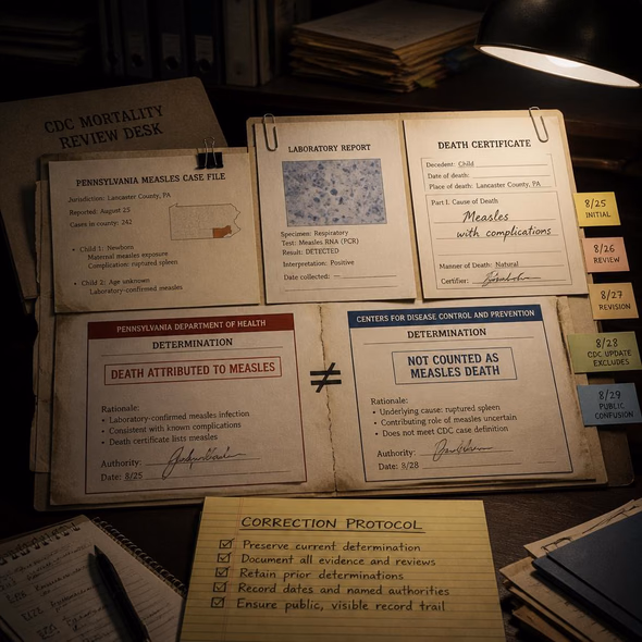 Editorial illustration for “CDC Measles Denials Put the Death Record on Trial,” based on the article’s subject.