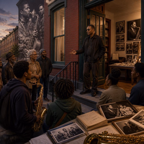 Editorial illustration for “John Coltrane’s House Needs More Than a Plaque,” based on the article’s subject.